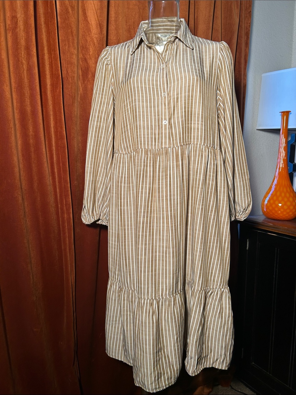 Max Studio Tan and White Striped Long-Sleeve Midi Dress